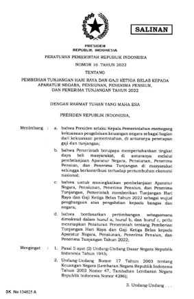 PP Nomor 16 Tahun 2022 tentang Pemberian THR dan Gaji 13 Tahun 2022