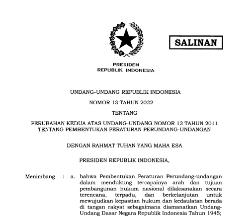 UU Nomor 13 Tahun 2022 : Perubahan Kedua Pembentukan Peraturan ...