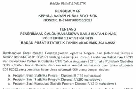 Pendaftaran Mahasiswa Baru Politeknik Statistika STIS BPS Tahun 2021