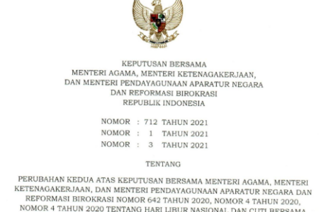 Perubahan Kedua SKB Hari Libur Nasional dan Cuti Bersama Tahun 2021