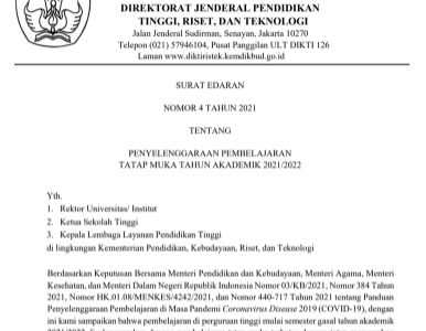 Download Surat Edaran Pembelajaran Tatap Muka Tahun Akademik 2021/2022