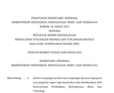 Download Juknis TPG dan Tunjangan Khusus Guru Non PNS 2021