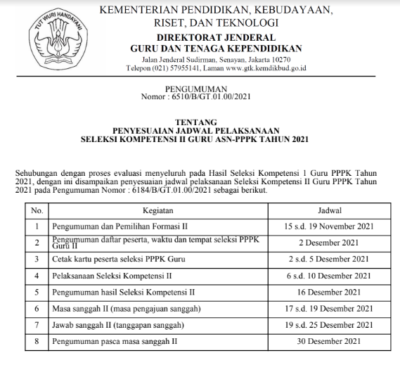 Unduh Penyesuaian Jadwal Seleksi Kompetensi II PPPK Guru Terbaru 2021