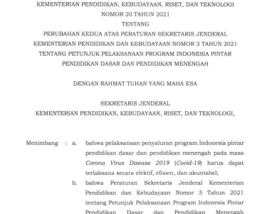 Unduh Persesjen Tahun 2021 tentang Petunjuk Pelaksanaan Juklak PIP 2021