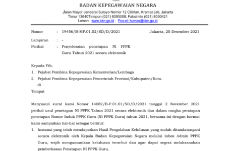 Surat Edaran Penyelesaian Penetapan NI PPPK Guru 2021 Secara Elektronik