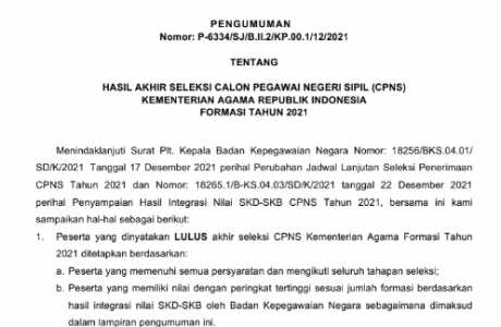 Pengumuman Hasil Akhir Seleksi CPNS Kementerian Agama Formasi Tahun 2021