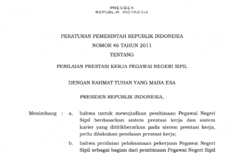 Unduh PP Nomor 46 Tahun 2011 tentang Penilaian Prestasi Kerja PNS