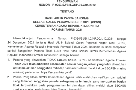 Hasil Akhir Pasca Sanggah Seleksi CPNS Kemenag Formasi Tahun 2021