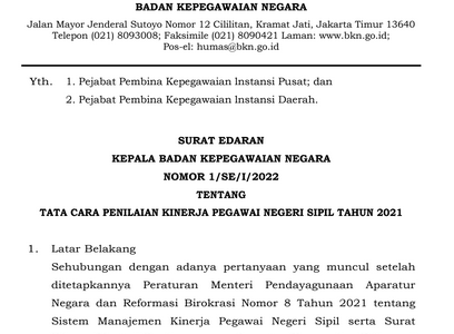 Edaran BKN Tentang Tata Cara Penilaian Kinerja PNS Tahun 2021