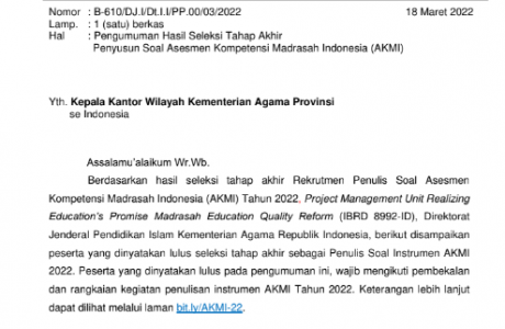 Informasi Pengumuman Hasil Seleksi Akhir Penyusun Soal AKMI Tahun 2022