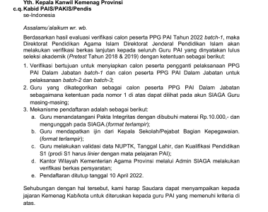 Surat Edaran Verifikasi Lanjutan Calon Peserta PPG PAI Tahun 2022