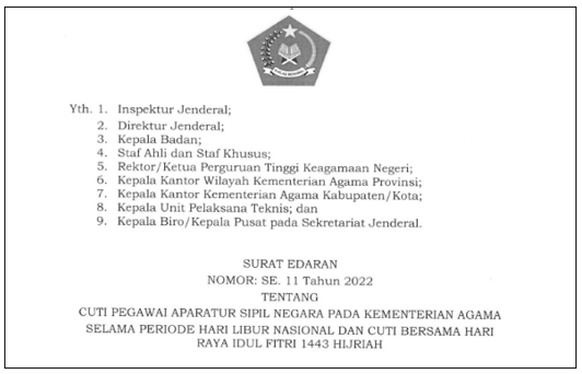 Edaran Cuti Pegawai ASN pada Kemenag Selama Hari Raya Idul Fitri 1443 Hijriah