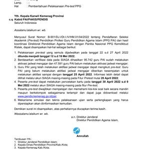 Surat Edaran Dirjen Pendis tentang Penundaan Pre Test PPG PAI 2022