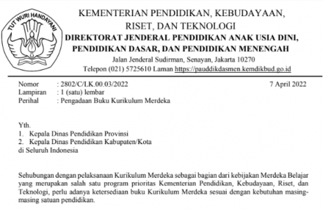 Surat Edaran tentang Pengadaan Buku Kurikulum Merdeka