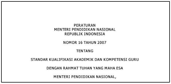 Permendiknas Nomor 16 Tahun 2007 tentang Standar Kualifikasi Akademik dan Kompetensi Guru