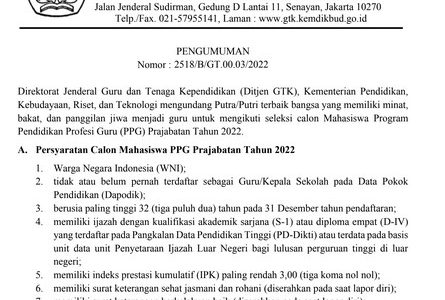 Surat Edaran Pengumuman Seleksi Calon Mahasiswa PPG Prajabatan 2022