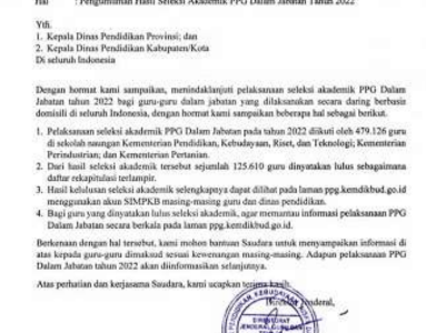 Surat Edaran Pengumuman Hasil Seleksi Akademik PPG Dalam Jabatan 2022