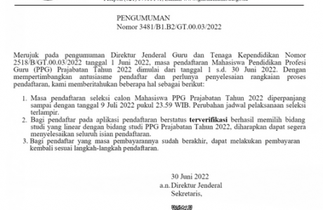 SE Pengumuman Perpanjangan Pendaftaran PPG Prajabatan 2022