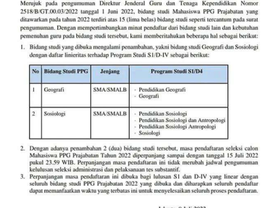 Surat Edaran Penambahan Bidang Studi Seleksi PPG Prajabatan Tahun 2022