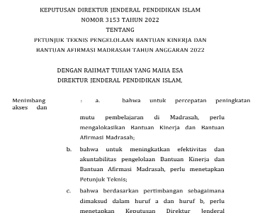 Petunjuk Teknis Pengelolaan Bantuan Kinerja dan Bantuan Afirmasi Madrasah 2022