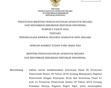 Unduh PermenPANRB Nomor 6 Tahun 2022 tentang Pengelolaan Kinerja Pegawai ASN