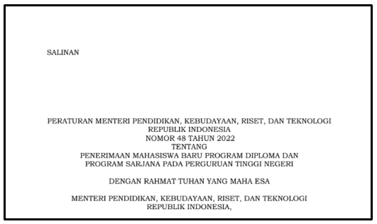 Permendikbudristek Nomor 48 Tahun 2022 tentang Penerimaan Mahasiswa Baru PTN