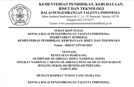 Surat Keputusan Pemenang O2SN Tingkat Nasional SMP 2022