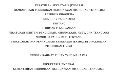 Persesjen Nomor 17 Tahun 2022 : Pencegahan Kekerasan Seksual di Perguruan Tinggi