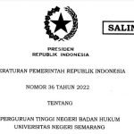 Peraturan Pemerintah Nomor 36 Tahun 2022 tentang PTN Badan Hukum Universitas Negeri Semarang