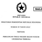 Peraturan Pemerintah Nomor 39 Tahun 2022 tentang PTN Badan Hukum Universitas Terbuka