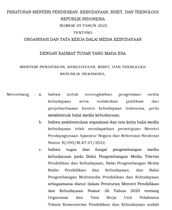 Permendikbudristek Nomor 29 Tahun 2022 : Organisasi Dan Tata Kerja ...