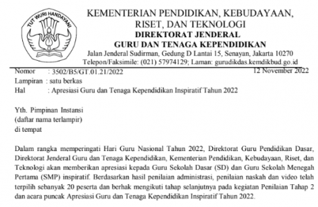 Daftar Finalis Guru SMP Apresiasi Guru dan Tenaga Kependidikan Inspiratif Tahun 2022