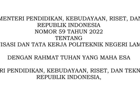 Permendikbudristek Nomor 59 Tahun 2022 tentang Organisasi dan Tata Kerja Poltek Negeri Lampung