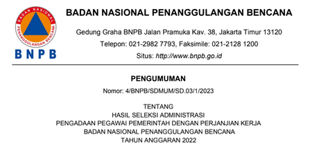 Hasil Seleksi Administrasi PPPK Teknis BNPB Tahun 2022