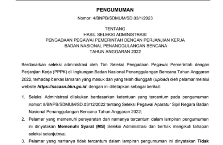 Informasi Pengumuman Hasil Seleksi Administrasi PPPK Teknis BNPB 2022