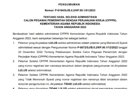 Informasi Pengumuman Hasil Seleksi Administrasi PPPK Kementerian Agama 2022