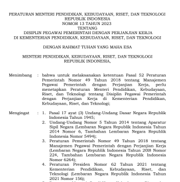 Permendikbudristek Nomor 13 Tahun 2023 : Disiplin PPPK di Kemendikbudristek