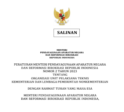 PermenPANRB Nomor 2 Tahun 2023 : Organisasi UPT Kementerian dan Lembaga