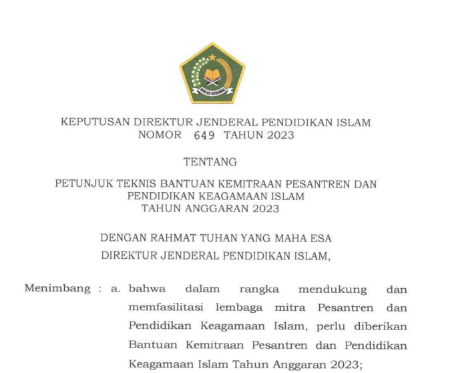 Juknis Bantuan Kemitraan Pesantren dan Pendidikan Keagamaan Islam 2023