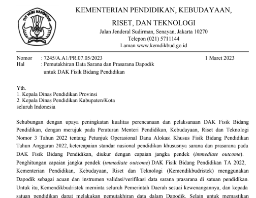 Pemutakhiran Data Sarana dan Prasarana Dapodik DAK Fisik Bidang Pendidikan