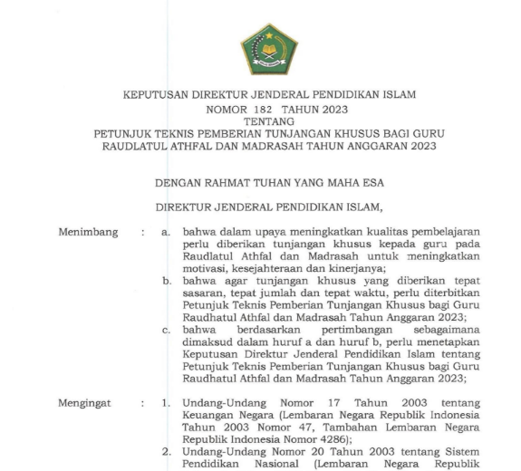 Petunjuk Teknis Pemberian Tunjangan Khusus Guru RA dan Guru Madrasah 2023