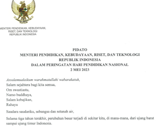 Pidato Mendikbudristek  : Hari Pendidikan Nasional Hardiknas Tahun 2023