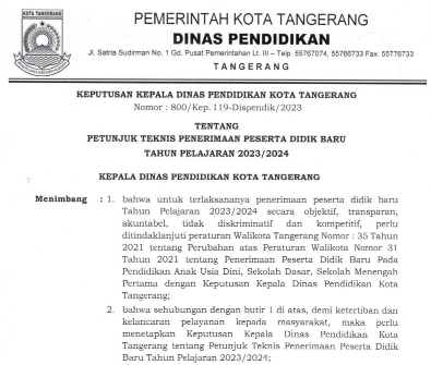 Unduh Petunjuk Teknis PPDB TK SD SMP Kota Tangerang TP 2023/2024