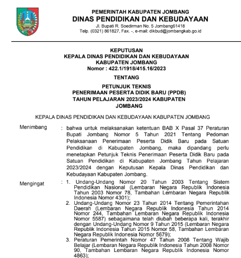 Petunjuk Teknis PPDB TK SD SMP Kabupaten Jombang TP 2023/2024