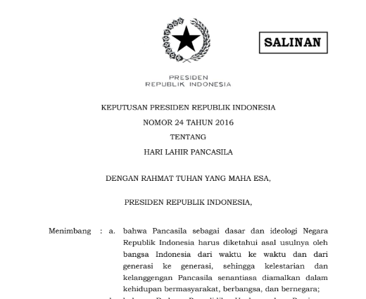 Keputusan Presiden Nomor 24 Tahun 2016 tentang Hari Lahir Pancasila