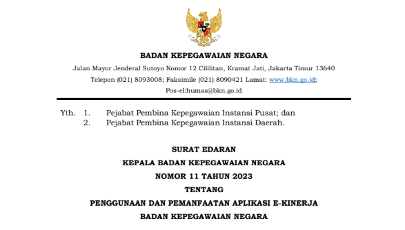 Surat Edaran Penggunaan dan Pemanfaatan Aplikasi e-Kinerja BKN