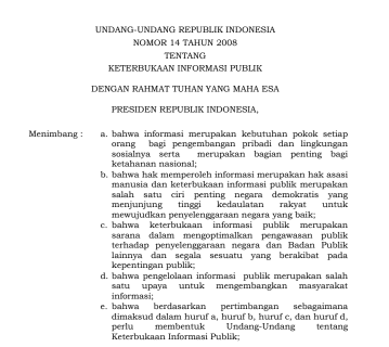 UU Nomor 14 Tahun 2008 tentang Keterbukaan Informasi Publik