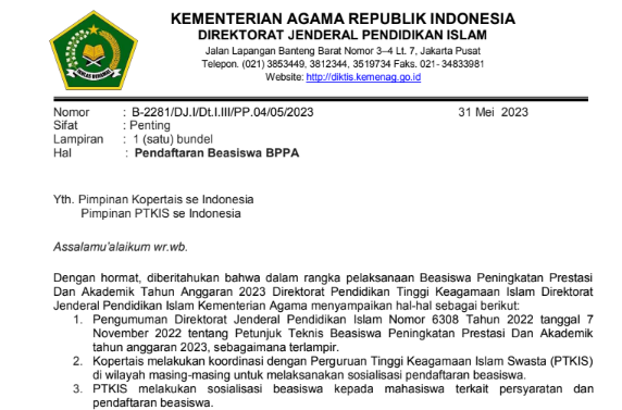 Edaran Beasiswa Peningkatan Prestasi dan Akademik (BPPA) PTKI 2023