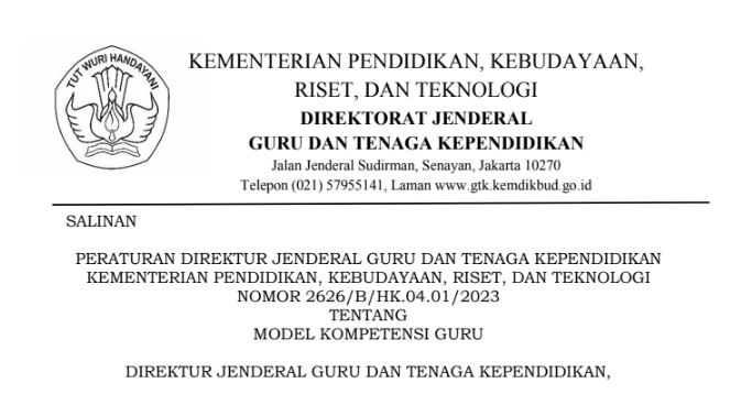 Model Kompetensi Guru Sesuai Perdirjen GTK Nomor 2626/B/HK.04.01/2023