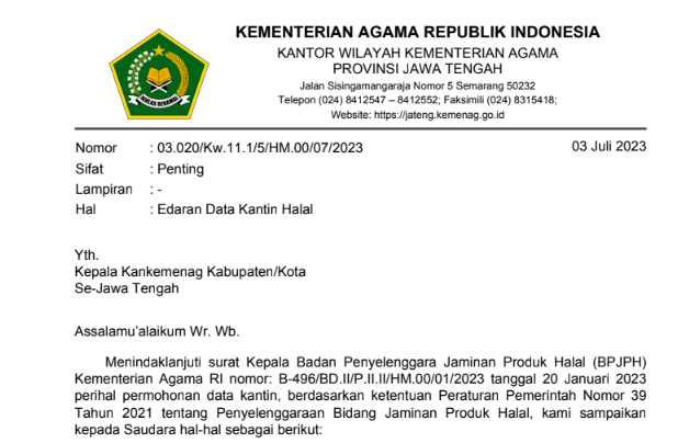 Edaran Kemenag Jawa Tengah tentang Data Kantin Halal